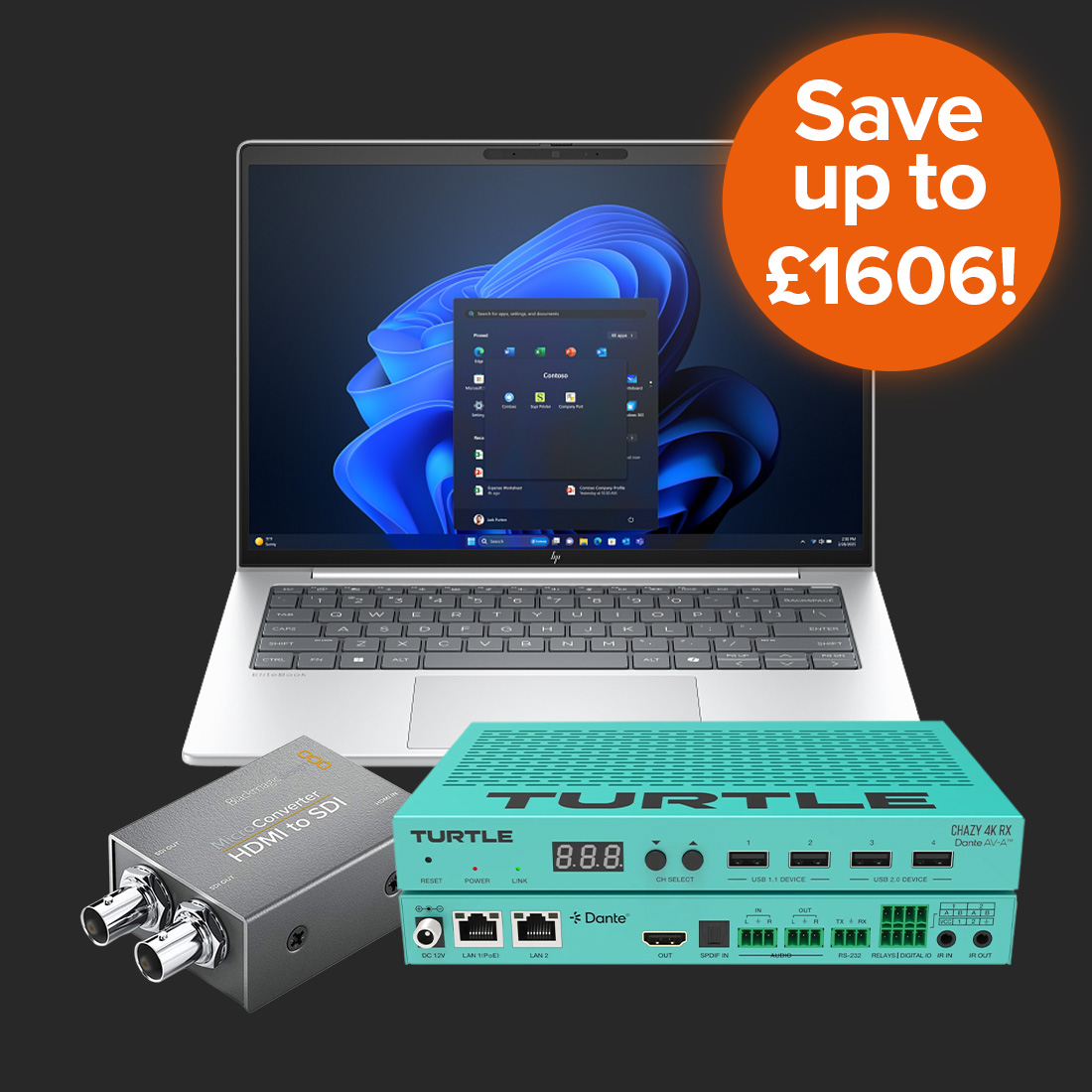 HP EliteBook 8 G1i 14 inch Notebook, Blackmagic Design Micro Converter and a Turtle 
AV CHAZY 4K