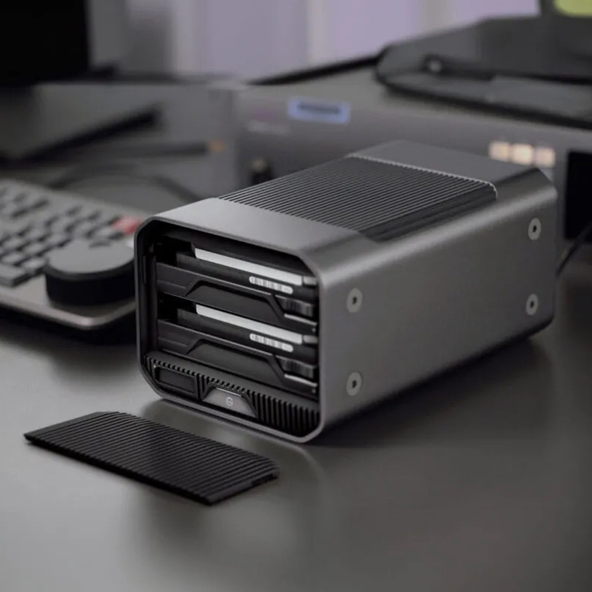 Picture of a G-Raid drive on a desk