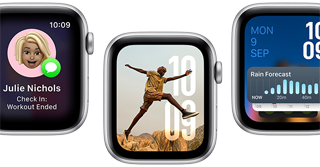 Translate app, Check in app, Photos face, Modular watch face, and Vitals app, on five Apple Watch SE devices