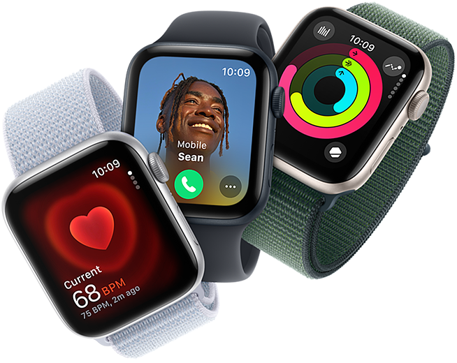 Heart rate monitoring, incoming call and Activity rings on three Apple Watch devices