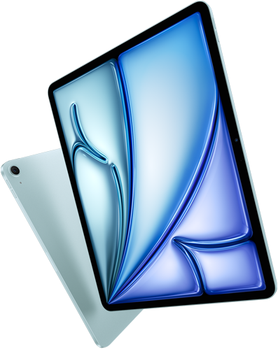 Front angle of 13-inch iPad Air, colourful display on screen, 11-inch iPad Air with back exterior and 12MP Wide back camera