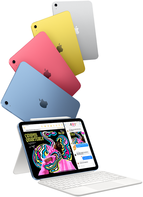 iPad in blue, pink, yellow and silver colours and one iPad attached to the Magic Keyboard Folio.