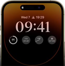 The front view of iPhone 14 Pro showcasing Always-on display with the time, date, four widgets and more.