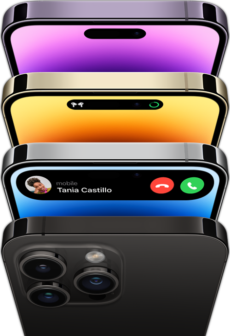 iPhone 14 Pro in four different colours — Space Black, Blue, Gold and Deep Purple. One model shows the back of the phone and the other three show the front view of the display.