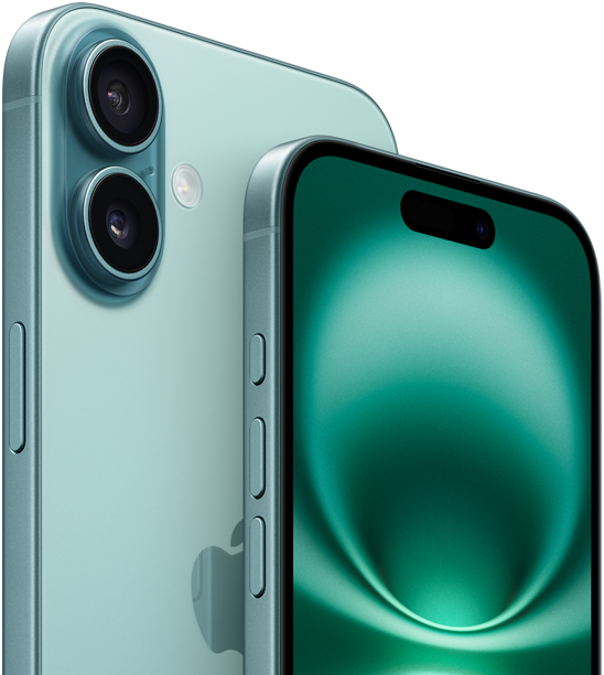 iPhone 16 Plus and iPhone 16, Action button, volume buttons, side button and Camera Control, front exterior all-screen design, Dynamic Island centred near top, back exterior, Teal finish, raised advanced dual-camera system in top left corner, Apple logo in centre