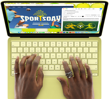 MacBook Neo, citrus colour, hands on keyboard, user is composing an email invitation to the opening of a sport event, website for the event open alongside