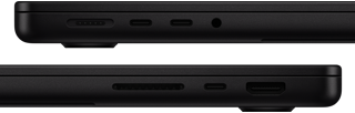 Showing the ports on MacBook Pro — left side: MagSafe 3, two Thunderbolt ports and headphone jack — right side: SDXC card slot, one Thunderbolt port and HDMI
