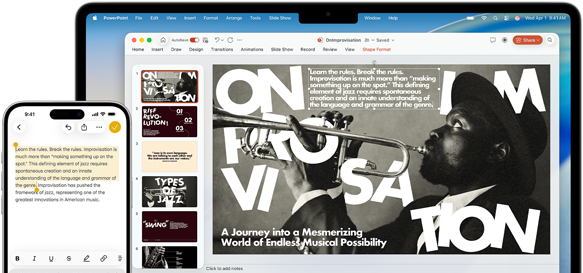 iPhone 16 Plus with text highlighted in the Notes app, MacBook Air with a Keynote slide open, text from Notes app is visible on the slide