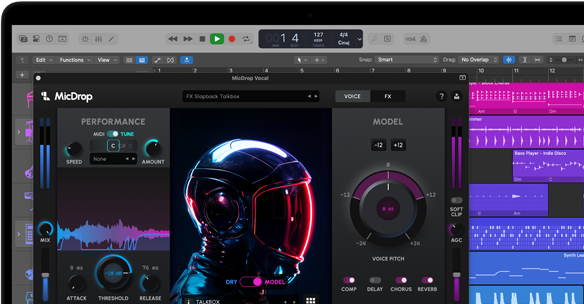 Screen content demonstrating MicDrop software using AI features to edit a vocal recording on a MacBook Pro