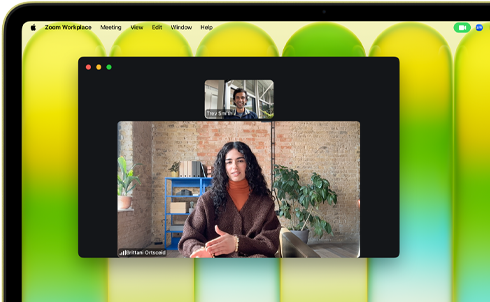 MacBook Neo, citrus colour, video call onscreen, Centre Stage feature keeps user centred in the frame