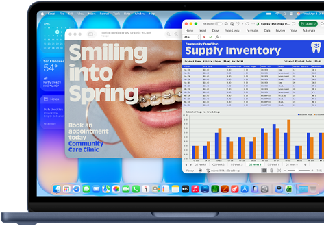 MacBook Neo screen, highlighting how macOS keeps your software current with automatic updates, an ad for an orthodonist is displayed on Preview and a Q3 cost analysis on Excel