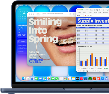 MacBook Neo screen, highlighting how macOS keeps your software current with automatic updates, an ad for an orthodonist is displayed on Preview and a Q3 cost analysis on Excel