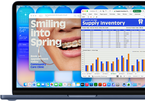 MacBook Neo screen, highlighting how macOS keeps your software current with automatic updates, an ad for an orthodonist is displayed on Preview and a Q3 cost analysis on Excel