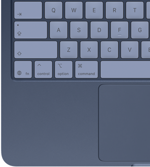 A top-down view of MacBook Neo in indigo, with colour-coordinated keycaps and Multi-Touch trackpad visible