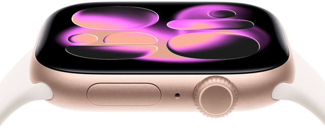 Apple Watch Series 11, aluminium rose gold case, Responsive Art watch face, right side exterior: Digital Crown, microphone, side button, light blush Sport Band