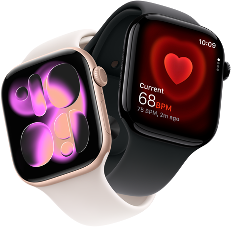Apple Watch Series 11, aluminium rose gold, Responsive Art watch face, right side exterior: Digital Crown, microphone, side button, light blush Sport Band, Apple Watch Series 11, aluminium jet black, Heart Rate app, current beats per minute, right side exterior: Digital Crown, black Sport Band